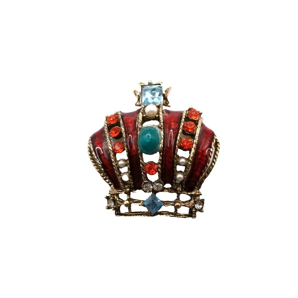 Vintage Royal Queen King Crown Brooch Multi-Color Rhinestone & Enamel Pin Red